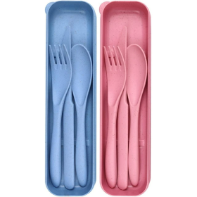 2 Pack Reusable Travel Utensils Set with Case, Wheat Straw Portable Knife Fork Spoons Tableware