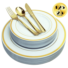 JL Prime 125 Piece Gold Plastic Plates & Cutlery Set, Re-usable Recyclable Plastic Plates with Gold Rim & Silverware, 25 Dinner Plates