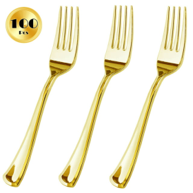 JL Prime 100 Piece Gold Plastic Forks Set, Re-Usable Recyclable Plastic Forks, Gold Plastic Forks, Great for Wedding, Anniversary, Rehearsal