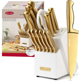 McCook MC21G Knife Sets,15 Pieces Golden Titanium Kitchen Knife Block Sets with Built-in Sharpener